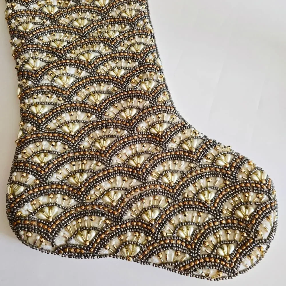 Pier 1 Imports Beaded Embellished Ornate Christmas Stocking Gold Silver White